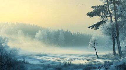 Frosty landscapes shrouded in light morning mist, with hazy views of a distant forest under a cold sky. 