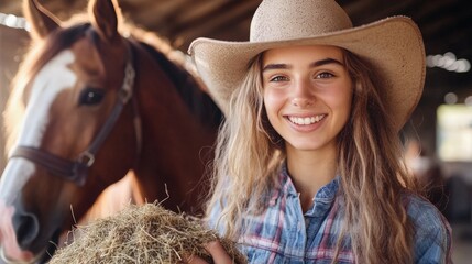 Young Woman in Cowboy Hat Smiling While Holding Hay Bales in Barn Next to Brown Horse, Capturing Rustic Farm Life and Joyful Connection with Animals