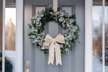 Elegant holiday wreath on a gray front door with a beige bow