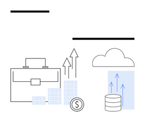 Briefcase accompanied by rising financial graphs, coin, cloud icon, and data stack illustrating business growth, cloud technology, and financial success. Ideal for business, finance, tech data