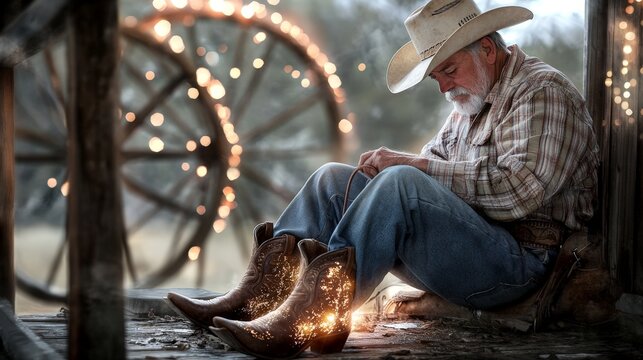 Elderly cowboy seated on porch mending his boots with attention to detail, surrounded by warm twinkling lights and rustic wagon wheels in soft natural light. - Powered by Adobe