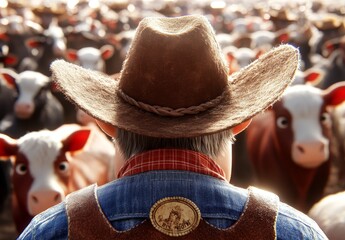 A Cowboy Overseeing a Herd of Cattle, Capturing the Essence of Rural Life and the Connection Between Humans and Animals in a Vibrant Countryside Setting