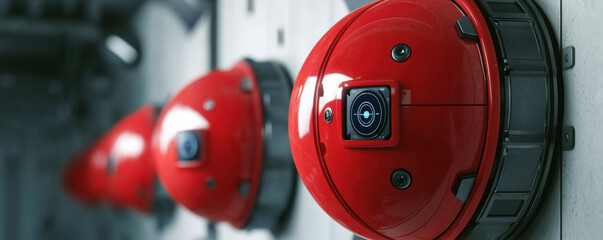 Fire alarm detection and response concept. High tech red sensors on ceiling, enhancing safety and detection
