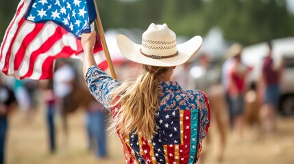 American Woman in Cowboy Hat Celebrates Independence Day at a Country Rodeo, Holding Flag with Stars and Stripes, Vibrant Outdoors Atmosphere