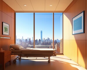 A serene hospital room featuring a bed, wooden walls and large windows showcasing a city skyline and bright sunlight.