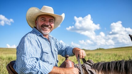 Happy cowboy riding on a horse in a lush green field under a blue sky with fluffy white clouds, showcasing the joy of outdoor life and rural culture.