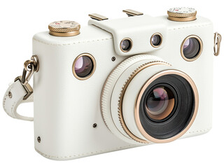 Vintage-style white camera with detailed design elements and a prominent lens, ideal for photography enthusiasts and aesthetic product showcases.