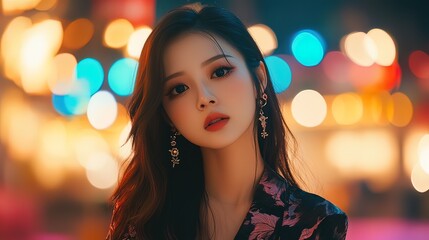 Fototapeta premium A young woman with long dark hair looks directly at the camera while standing in front of a colorful bokeh background.
