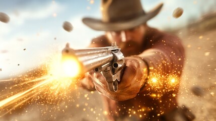 Action Shot of a Cowboy Firing a Revolver in a Dusty Landscape with Sparks Flying and Dramatic Lighting Effects