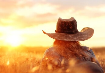Serene Sunset Over Wheat Field with Silhouette of a Cowboy Wearing a Wide-Brimmed Hat, Capturing the Essence of Rural Life and Tranquility at Dusk