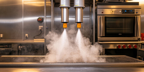 Fire alarm detection and response concept. Fire sprinkler activation test in commercial kitchen with steam
