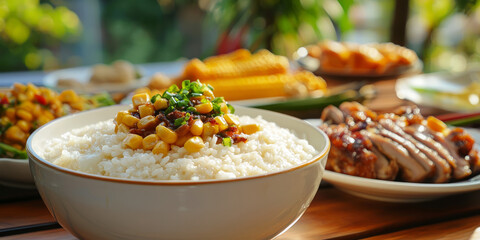 A bowl of white rice congee with steamed chicken and corn on the side, generative AI