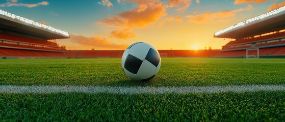 A soccer ball rests on a lush green field, illuminated by a vibrant sunset in the background, creating a picturesque scene in a stadium.