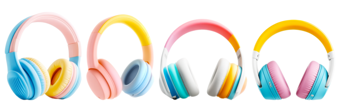 A collection of wireless headphones showcasing vibrant colors and unique designs. Perfect for enjoying music, they offer comfort and style for daily use