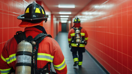 Fire alarm detection and response concept. Firefighters in training walking through red corridor, prepared for action