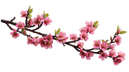 Soft pink cherry blossom branch with delicate flowers and green leaves, creating serene and beautiful natural display. Perfect for spring themed decor or floral arrangements