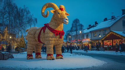 Gävle Goat, a giant straw goat statue decorated with red ribbons and Christmas ornaments, is located in the snowy town square in the center of Gävle, Ai generated images