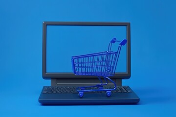 Miniature shopping cart on laptop keyboard against blue background, symbolizing e-commerce and online shopping concept