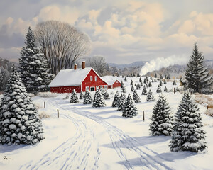 Snow-covered landscape with a charming red farmhouse surrounded by pine trees under a cloudy winter sky.