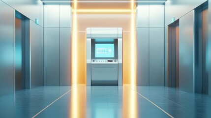 A modern hallway featuring elevator and a digital kiosk.