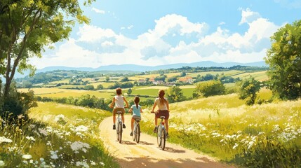 Obraz premium Family Cycling Adventure in Sunny Countryside