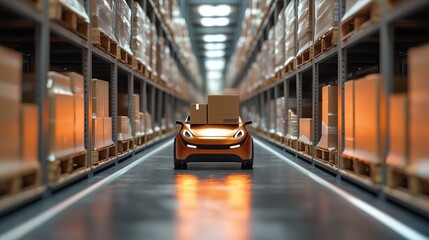 A compact vehicle navigates a warehouse filled with stacked boxes, highlighting logistics and automation in storage management.