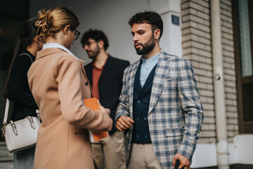 A group of business people having a conversation outdoors, showcasing communication and networking skills. The setting is professional and dynamic, ideal for portraying teamwork and collaboration in a