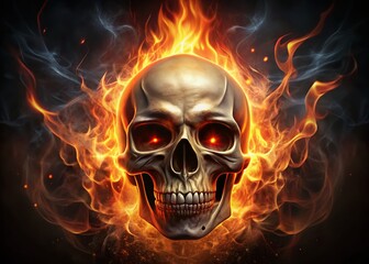 Sinister Skull with Fiery Eyes: A Dramatic Wallpaper Design Capturing Dark Fantasy Elements in a Striking Visual Composition Using the Rule of Thirds for Maximum Impact