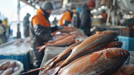 Defocused shot of a bustling weighin station as fishermen bring in their prized catches.