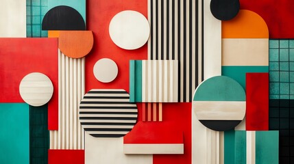 Abstract geometric shapes in red, orange, teal, white and black colors.