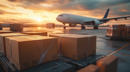 A cargo plane at sunset, surrounded by stacked boxes on an airport tarmac, highlighting logistics and transportation.