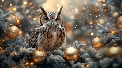 A wise owl sits amidst a Christmas tree adorned with golden ornaments, with a snowy backdrop and twinkling lights.