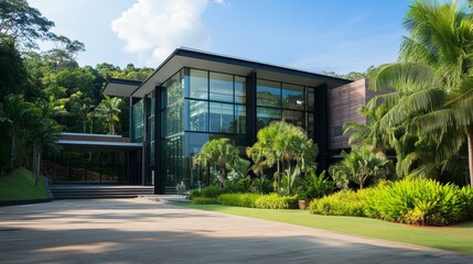 Modern glass building surrounded by lush greenery and palm trees, showcasing contemporary architecture.