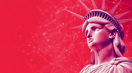 Statue of Liberty in modern context of technology and digital transformation with generative AI, copy space.