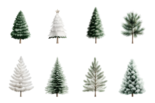 Various watercolor Christmas trees are displayed, featuring different styles and shades, perfect for holiday-themed projects and decorations throughout the season - Powered by Adobe