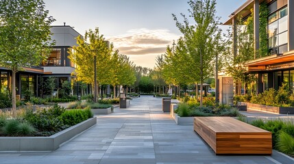 A stylish pedestrian plaza surrounded by modern architecture and lush green landscaping