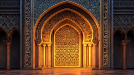 Elaborate mosque archway with geometric designs, golden calligraphy, warm lighting