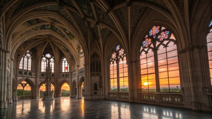 Obraz premium Gothic architectural interior with towering spires and sunset view