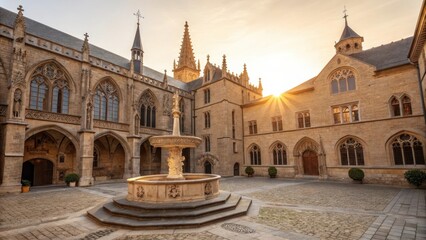 Fototapeta premium Gothic Bishop's Palace with Towering Spires and Courtyard Fountain