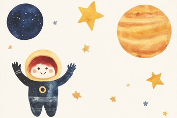 Fototapeta premium A whimsical illustration of a friendly astronaut floating in space with planets and stars.