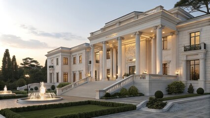 Neoclassical official residence with tall white columns and fountains