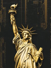 The Statue of Liberty in hologram style with lines and figures of people emerging from the torch.