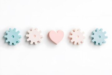 line of interconnected gears in soft pastel tones, featuring central pink heart, symbolizes harmony and creativity. This visually appealing arrangement evokes sense of unity and balance