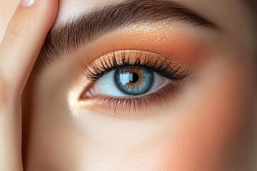 Obraz premium Close up of a woman's eye with peach eyeshadow and long eyelashes.