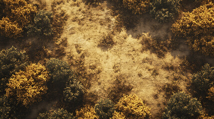 Aerial view of a forested area with golden foliage and a clear ground patch.