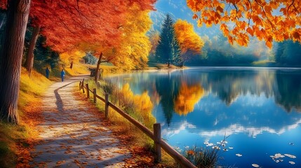 A peaceful lakeside path where individuals walk and take in reflections of trees on the water