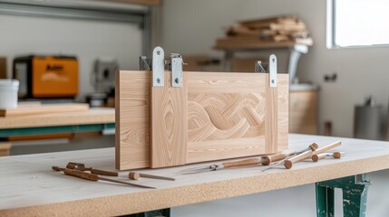 Wooden Box with Intricate Carving and Tools in Carpenter Workshop, Craftsmanship and Attention to Detail at Display, Artisan Wooden Crafting Equipment