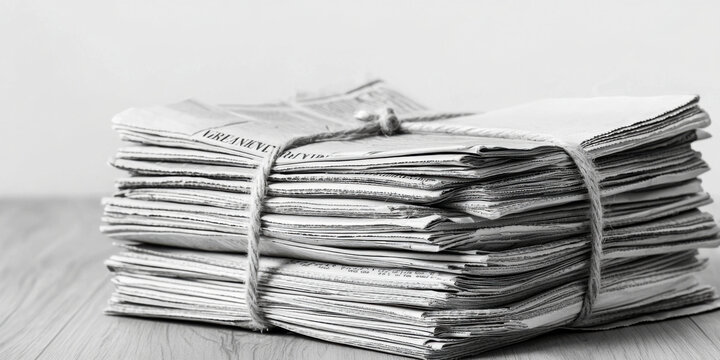 Monochrome retro and depth concept. stack of old newspapers tied with twine, evoking nostalgia and history