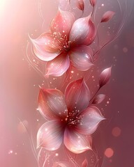 A stunning illustration of two delicate pink flowers with shimmering petals and intricate details, creating a dreamy and ethereal atmosphere.