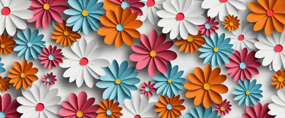 top-down of colorful paper flowers on a white color background
